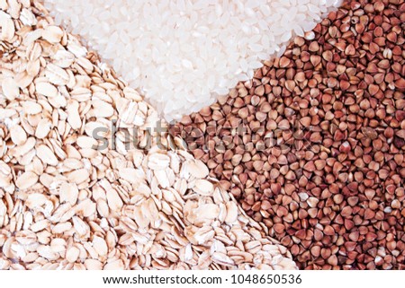 Dry foods of healthy nutrition, seeds of healthy foods, rice, buckwheat, pasta, pasta, dried products, background or texture