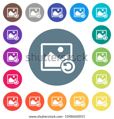 Image rotate left flat white icons on round color backgrounds. 17 background color variations are included.