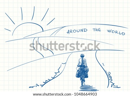 Travel sketchbook, Long distance female cyclist travels around the world by bike on cartoon doodle hills landscape, Blue pen sketch, Hand drawn vector illustration