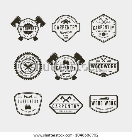 set of vintage carpentry logos. retro styled wood works emblems, badges, design elements, logotype templates. vector illustration Royalty-Free Stock Photo #1048686902