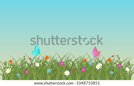 Spring background with flowers, grass and butterflies. Vector illustration.