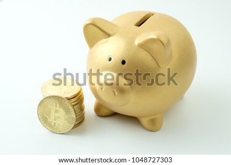 Piggy bank with Stack of Cryptocurrency coins - Litecoin, Bitcoin, Ethereum on white background