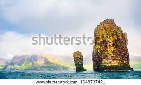 Panoramic view of Faroe islands seashore, summer time