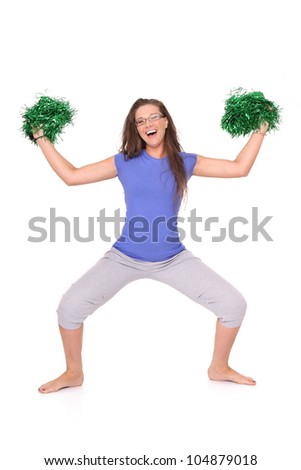 A picture of a young cheerleader posing over white background