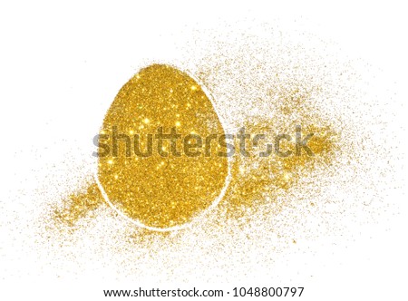 Easter egg of gold glitter on white background, holiday decoration