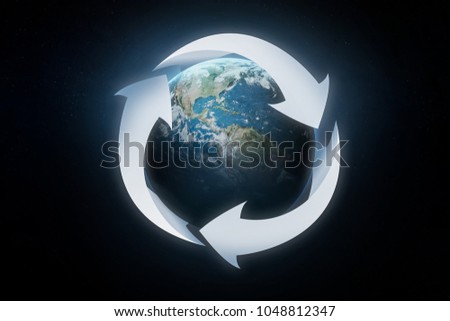 Recycle icon over the Earth in dark space. Ecology and Earth Hour event. Elements of this image furnished by NASA