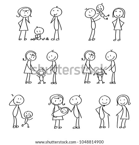 Set of stick figures showing small emotional situations within the family. Royalty-Free Stock Photo #1048814900