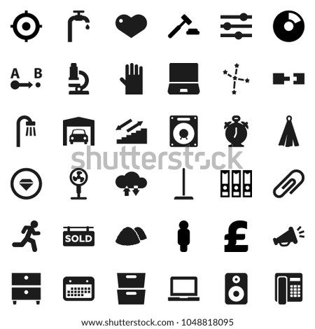 Flat vector icon set - mop vector, rubber glove, garbage pile, towel, microscope, notebook pc, alarm clock, archive, constellation, pie graph, auction, target, man, binder, pound, stairways run, fan