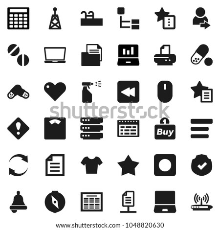 Flat vector icon set - sprayer vector, bell, schedule, compass, document, laptop graph, calculator, scales, t shirt, pills, protected, antenna, notebook pc, heart, backward button, rec, big data