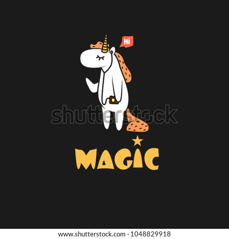 The unicorn is white with a red mane on a dark gray background. The unicorn listens to music and says hello. The inscription "magic". 