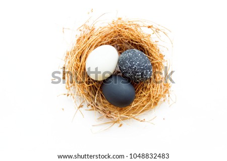 black and white colored Easter eggs in nest on wooden background, selective focus image. Happy Easter card 