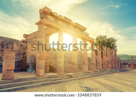 Ruins of ancient temple in Lindos, Rhodes, Greece Royalty-Free Stock Photo #1048837859
