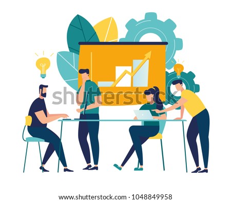 Vector illustration. Training of office staff. Increase sales and skills. Team thinking and brainstorming. Analytics of company information vector Royalty-Free Stock Photo #1048849958