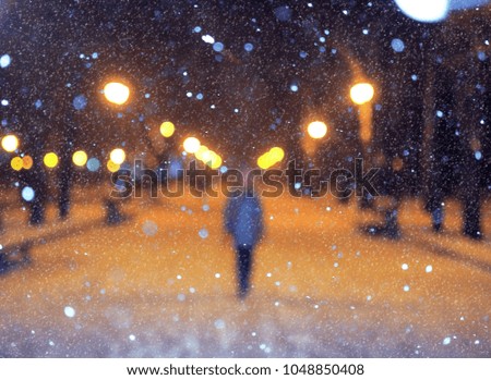 Blurred picture of park at the snowfall with lights