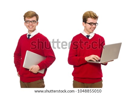 Student using laptop isolated on white