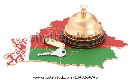 Belarus booking concept. Belorussian flag with hotel key and reception bell, 3D rendering