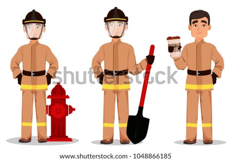 Firefighter in professional uniform and safe helmet, set. Fireman cartoon character holds shovel, holds coffee and stands near hydrant. Vector illustration on white background. 