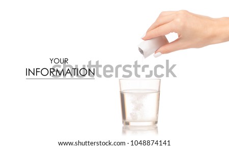 Female hand holding glass of water powder medicine pattern on white background isolation