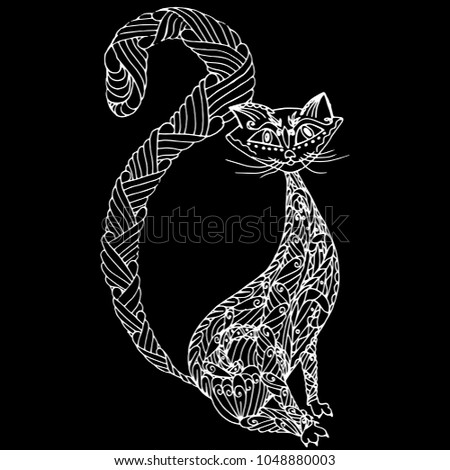 Hand drawn monochrome zentangle cat for Tshirt print stock vector illustration