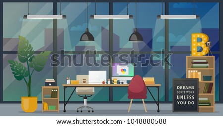 Design of modern office designer workplace. Creative office workspace with big window, desktop, modern monitor, furniture in interior. Vector illustration. Flat concept Business objects. Web banner.