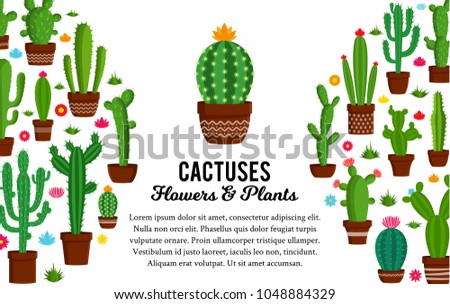 Different types of cactus plants in flowerpots with flowers and grass icons.