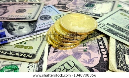 Bitcoin and Dollar Bills. Photo Image Composition