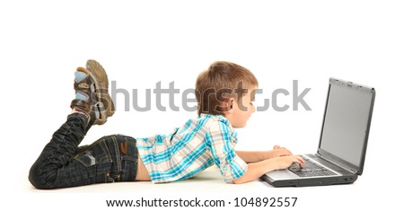 funny little boy with notebook isolated on white