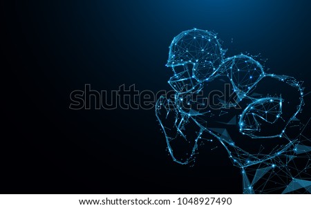 Abstract American football player in action from lines and triangles, point connecting network on blue background. Illustration vector
