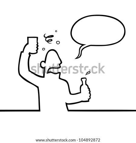 Black line art illustration of a drunk man with a beverage.