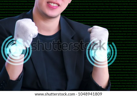 Asian guy wearing suit with icon technology on blurry background.for internet and social networking concept metaphor to business in development  or transport, automotive car electronic hacker image
