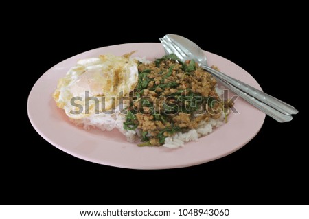 Picture for THAI street food catalogs menu , Rice topped with stir-fried minced pork and basil with Fried egg