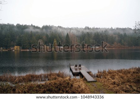 Image of two wooden muskoka chairs on a dock, on a tranquil lake in BC, Canada in the foggy early morning spring. 