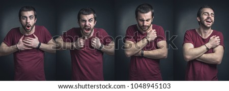 Collage of emotions, young man with four different emotions - shock, anger, sadness and happiness