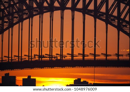 Beautiful orange landscape shadow close up picture of Sydney harbour bridge during the sunrise , Sydney, Australia