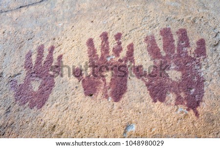 Palm impression on wall of hindu temple, Rajasthan, India.