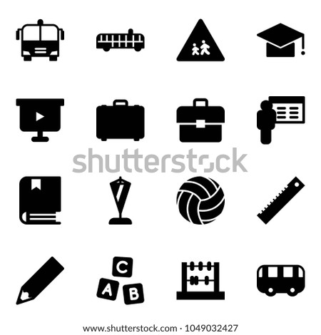 Solid vector icon set - airport bus vector, children road sign, graduate hat, presentation board, case, portfolio, book, pennant, volleyball, ruler, pencil, abc cube, abacus, toy