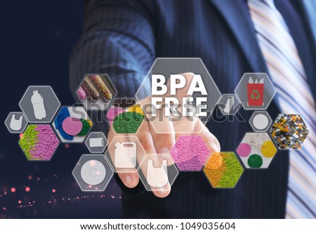 The businessman chooses BPA FREE a on the virtual screen in industrial network connection.The concept made by plastic tare of FREE bisphenol A 