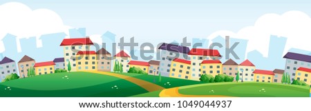 Background scene with village on the hills illustration