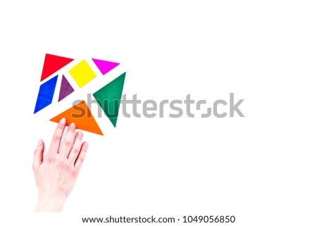 jigsaw puzzle game piece office table in business strategy set white background top view mock up