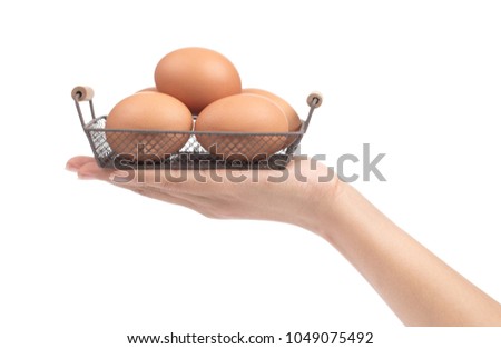 hand holding eggs in basket isolated on white background