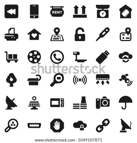 Flat vector icon set - navigator vector, cargo, umbrella, top sign, big scales, search, satellite antenna, film spool, satellitie, mobile phone, link, backward button, hdmi, thermometer, tomography