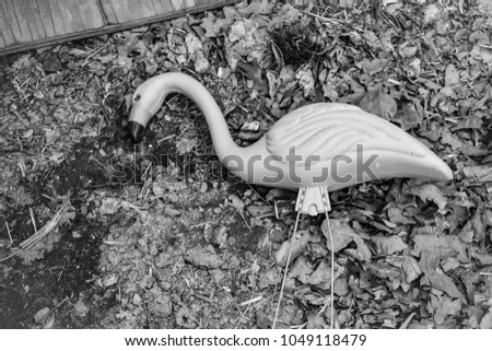 Black and white photo of a pink garden flamingo that has fallen and been left on the ground.