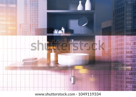 Round sink in a pink tiled and black bathroom interior with wide toiletry shelves behind it. 3d rendering mock up toned image double exposure