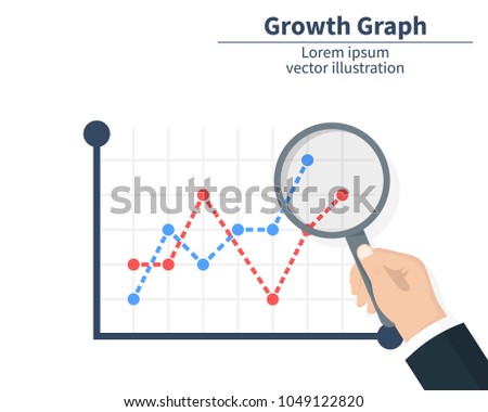 The concept of graph growth. Businessman holding a magnifier. The stock market has arrived. Vector illustration of a flat design. Isolated on white background