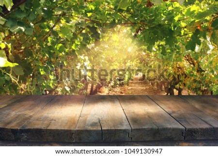 Image of wooden table in front of blurred vineyard landscape. Ready for product display montage