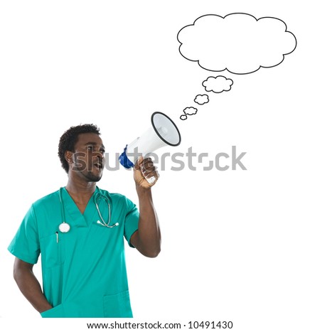 Young doctor whit megaphone a over white background