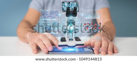 Businessman on blurred background using modern microscope with digital analysis 3D rendering