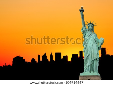 Manhattan Skyline and The Statue of Liberty at Sunset, New York City