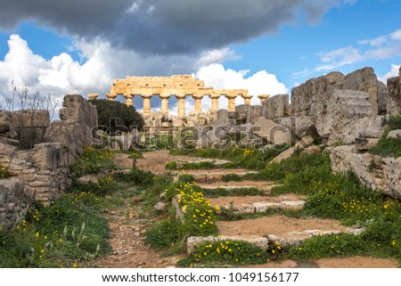 Ancient greek temple with stones stairway and yellow flowers. Archeological site of Selinunte, Trapani.