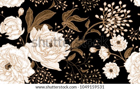 Peonies and roses. Floral vintage seamless pattern. Gold and white flowers, leaves, branches and berries on black background. Oriental style. Vector illustration art. For design textiles, paper. Royalty-Free Stock Photo #1049159531